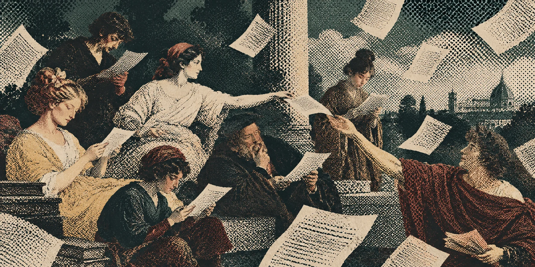 A halftone collage of readers sharing pages above a city